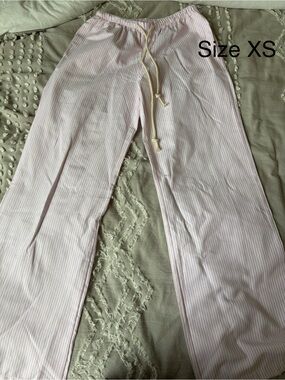 SHEIN Pink & White Striped Drawstring Wide-Leg Trousers